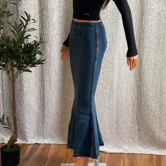 Zealous Yarnn Studios Denim Fishtail Mermaid Flare Midi Jean Skirt Size S - Picture 5 of 8